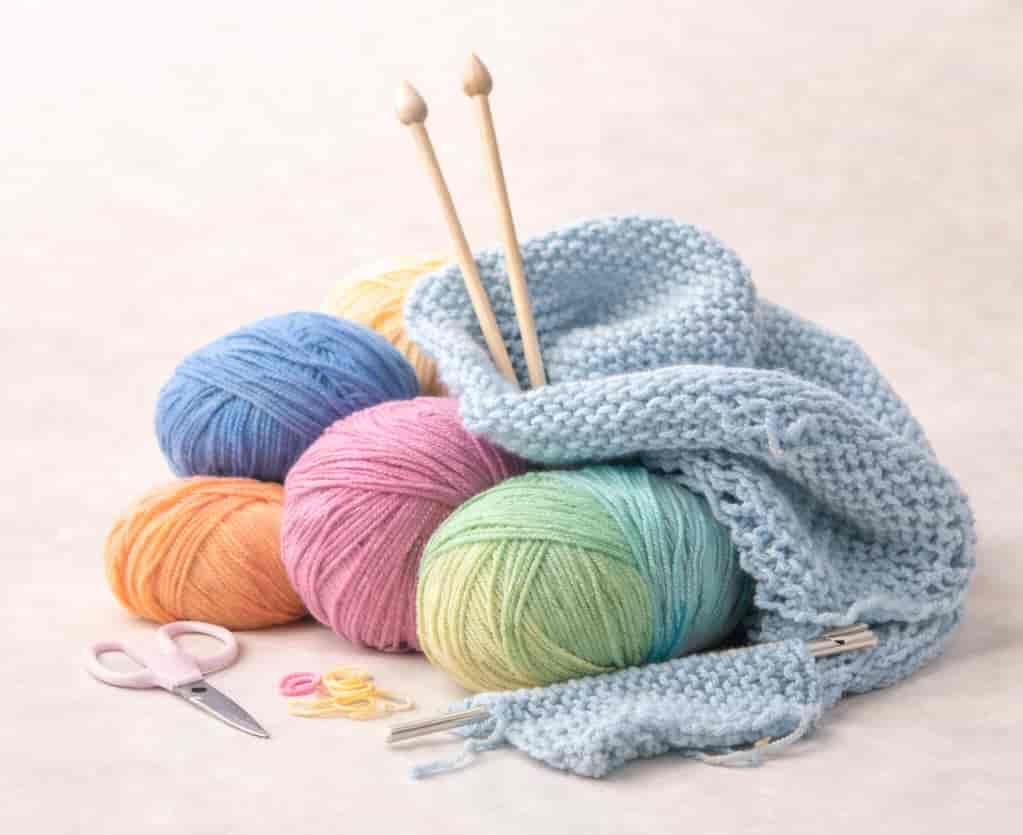 Colorful yarn and knitting supplies