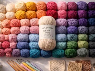 Beginner's yarn guide showing various yarn weights, colors, and textures with knitting needles and crochet hooks for new crafters