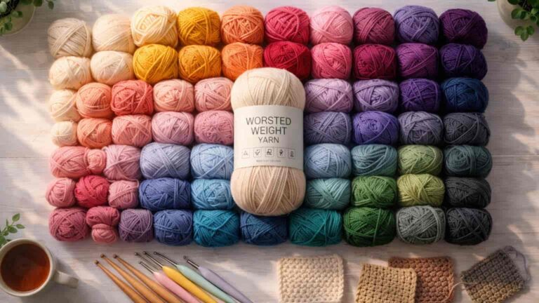 Beginner's yarn guide showing various yarn weights, colors, and textures with knitting needles and crochet hooks for new crafters