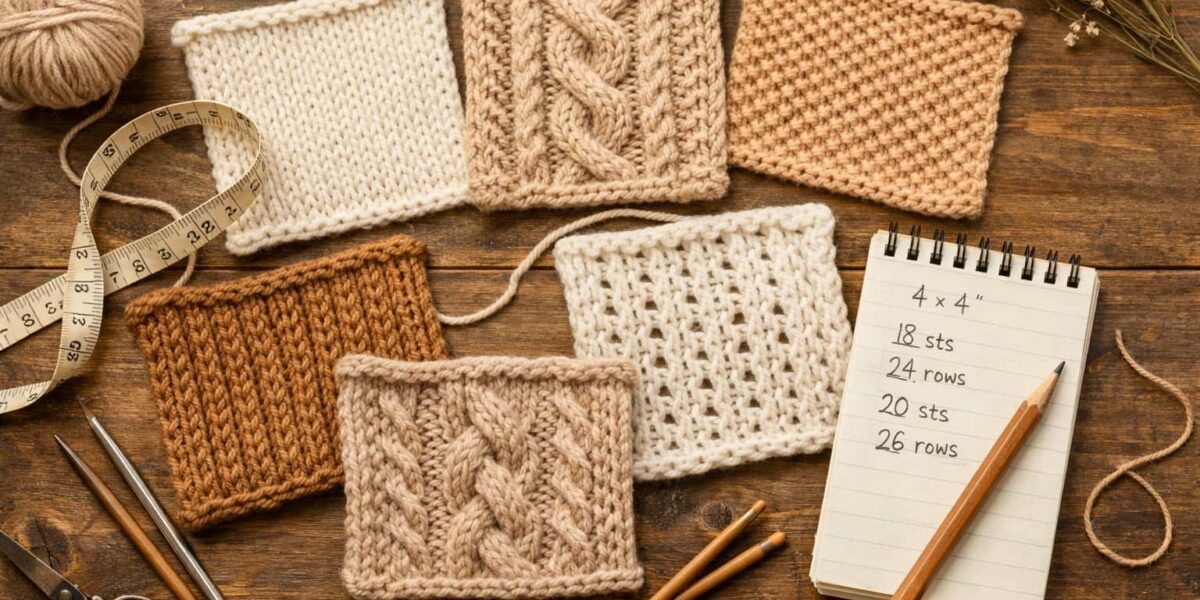 Knitting gauge swatch on a wooden table with measuring tape and needles for gauge calculation