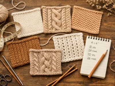 Knitting gauge swatch on a wooden table with measuring tape and needles for gauge calculation
