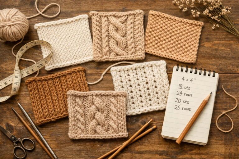 Knitting gauge swatch on a wooden table with measuring tape and needles for gauge calculation