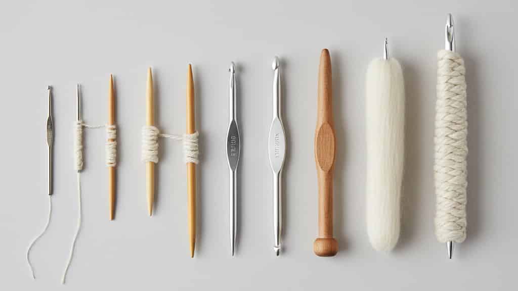 Organized display of knitting needles and crochet hooks arranged from smallest to largest with corresponding yarn weights