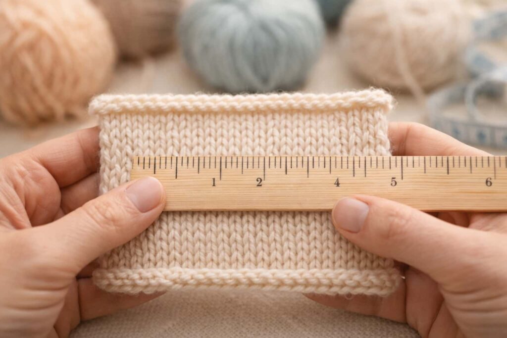 Hands measuring stitches per inch on a knitting swatch using a ruler for accurate gauge calculation