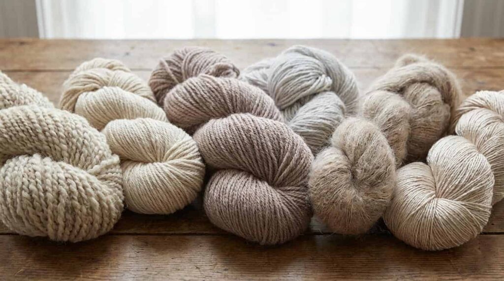 Close-up of natural yarn fibers showing wool, cotton, alpaca, and bamboo with texture detail visible