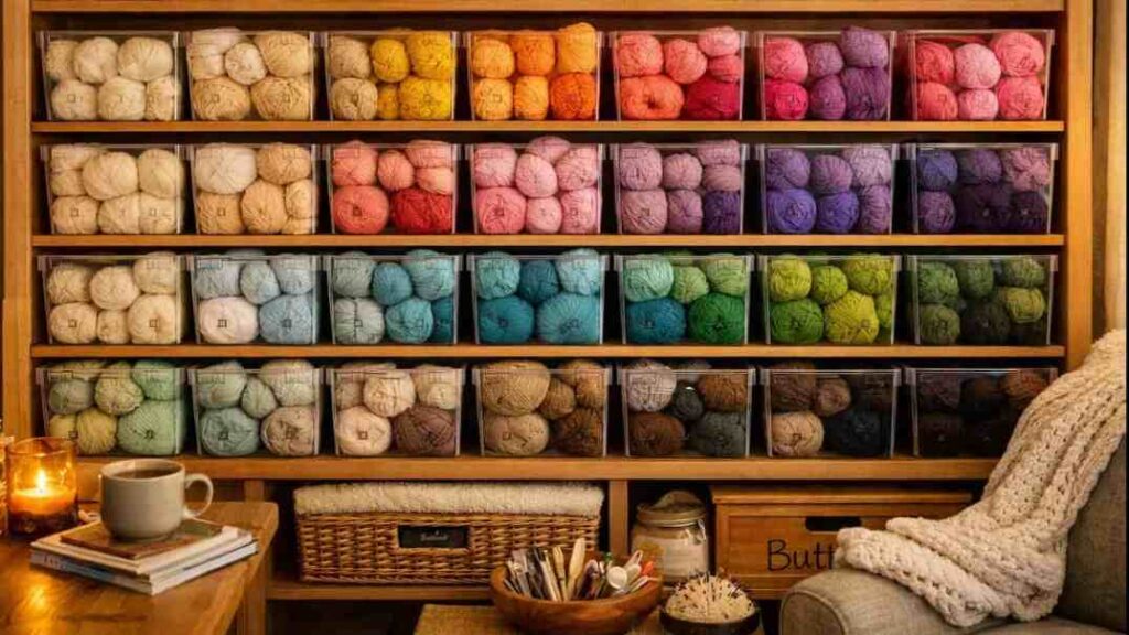 Well-organized yarn storage showing clear bins, shelving, and yarn organized by color and weight