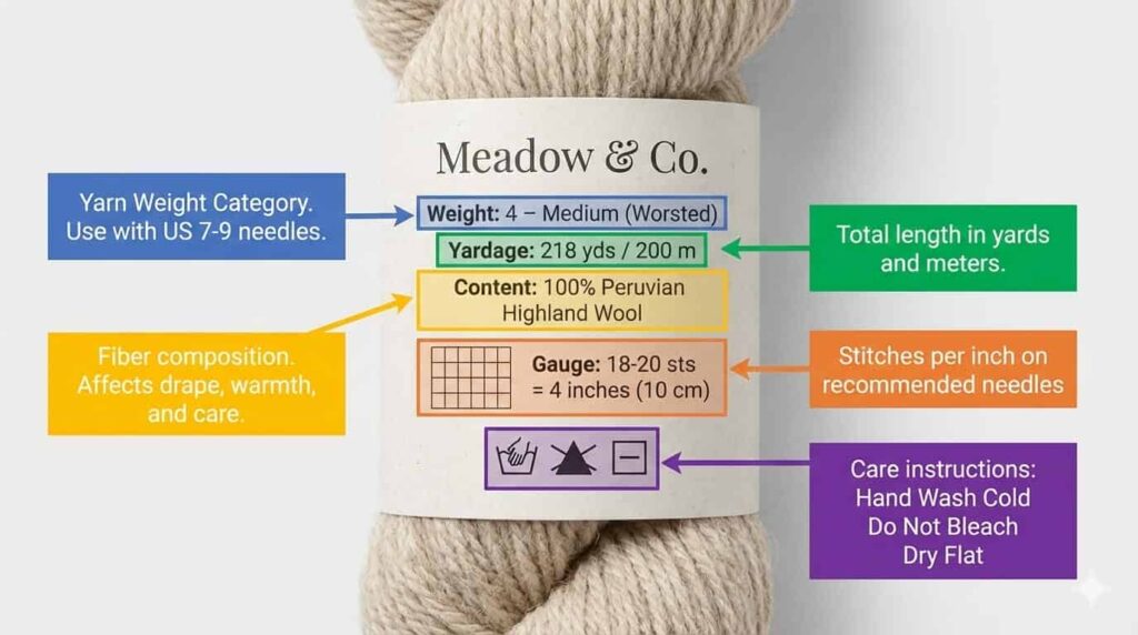 Annotated yarn label showing key information including weight, yardage, fiber content, and care symbols