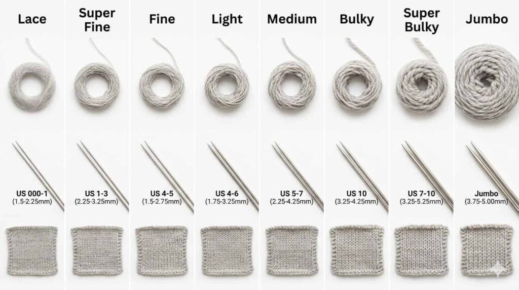 Educational chart showing yarn weight categories from lace to jumbo with corresponding needle sizes and project examples