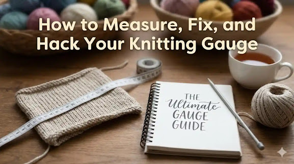 A cozy, flat lay photograph of knitting supplies on a wooden table, including a knitted swatch with a measuring tape, a notebook with the handwritten title "THE ULTIMATE GAUGE GUIDE," a ball of yarn, a knitting needle, and a cup of tea. The title "How to Measure, Fix, and Hack Your Knitting Gauge" is overlayed at the top.