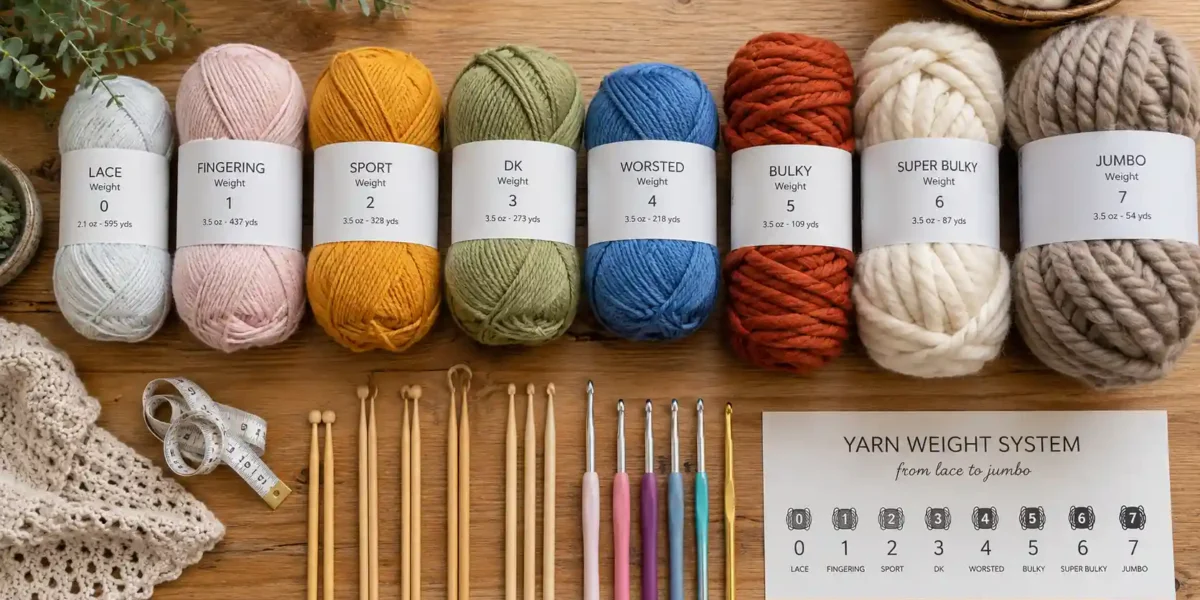 Yarn weight guide showing different yarn thickness categories