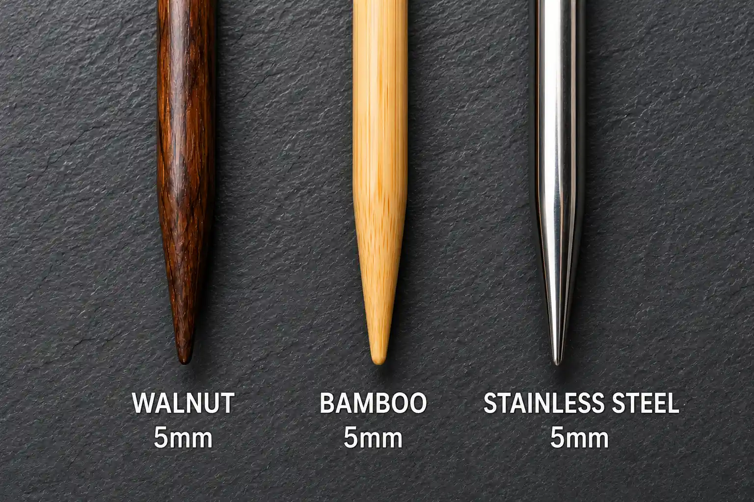Comparison of wooden, bamboo, and metal knitting needles showing texture and finish differences