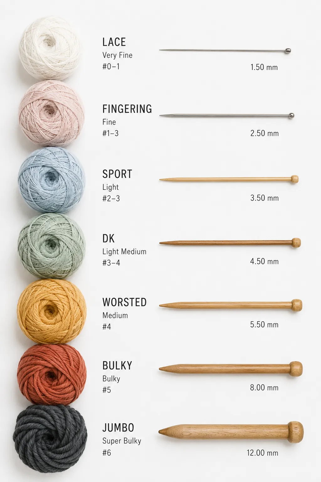 Yarn weight needle size guide showing lace through jumbo yarn with recommended knitting needle sizes