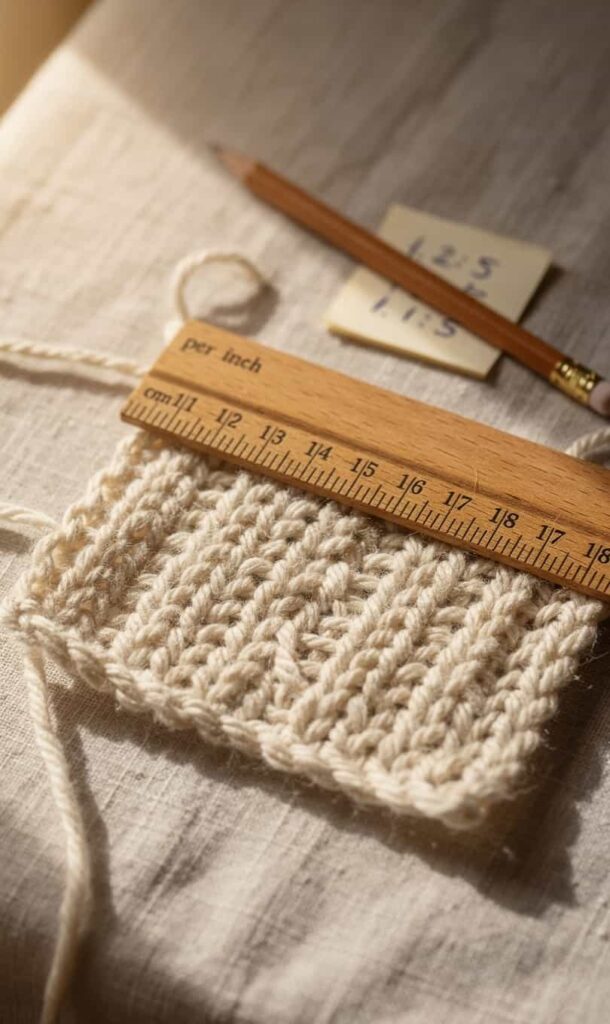 Close-up of a knitted gauge swatch being measured with a ruler showing stitches per inch for a Yarn Yardage Calculator