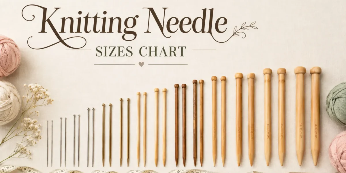Complete knitting needle sizes chart comparing US, UK, and metric measurements