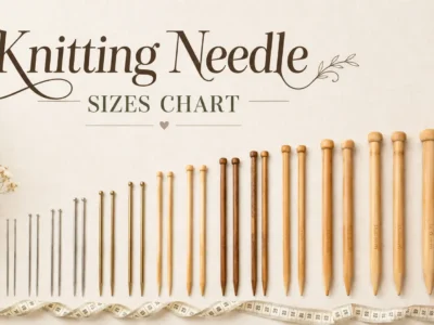 Complete knitting needle sizes chart comparing US, UK, and metric measurements