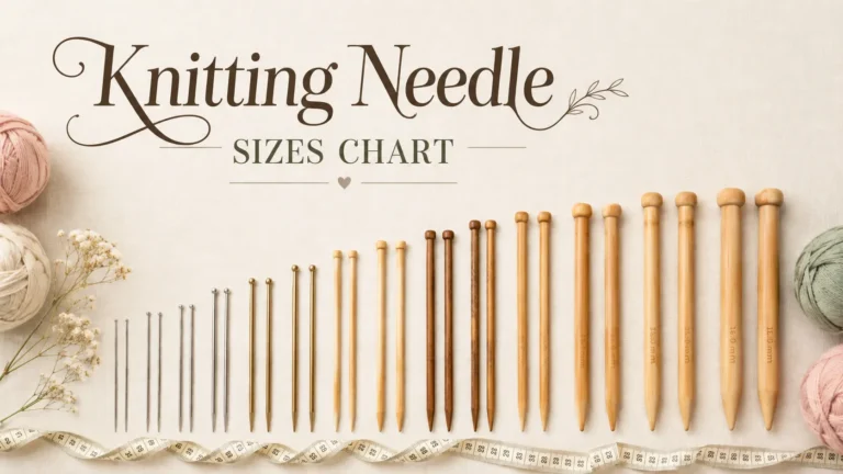 Complete knitting needle sizes chart comparing US, UK, and metric measurements