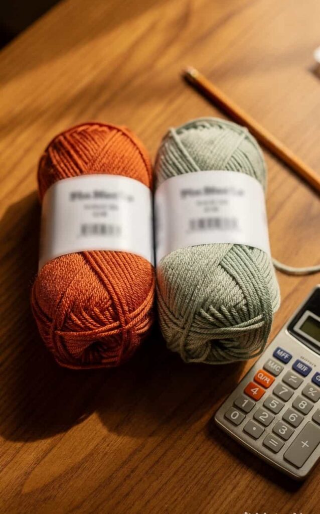 Two yarn skeins with visible labels being compared side by side on a table, showing yardage and weight details for a yarn substitution calculation
