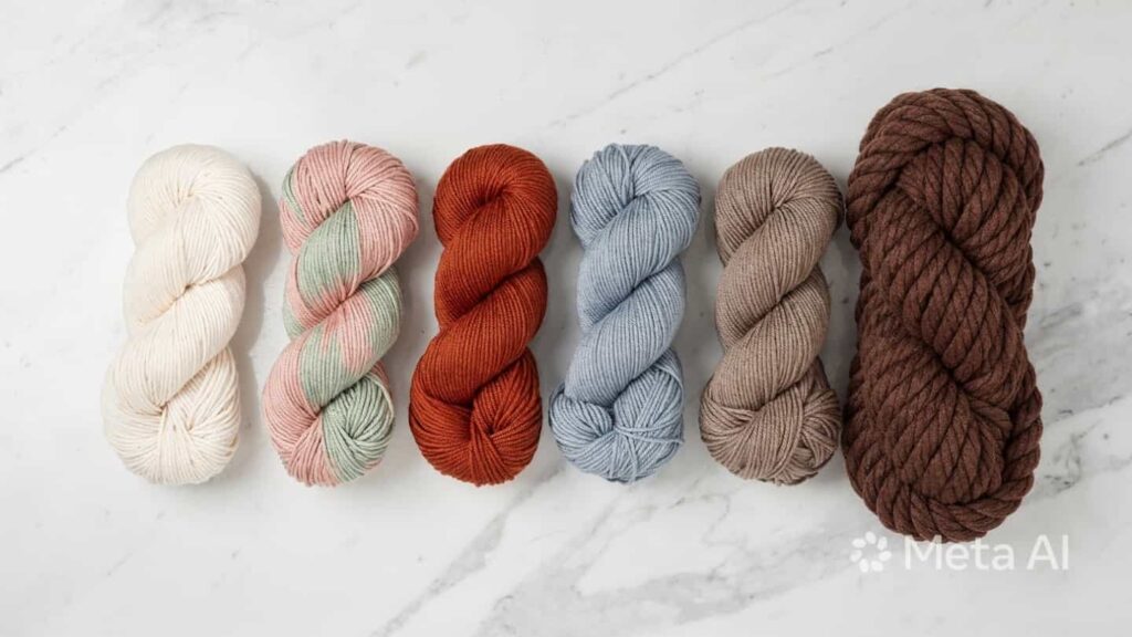 Seven yarn skeins arranged by weight from thin lace to chunky super bulky, each labeled and displayed on a white background to show yarn weight categories