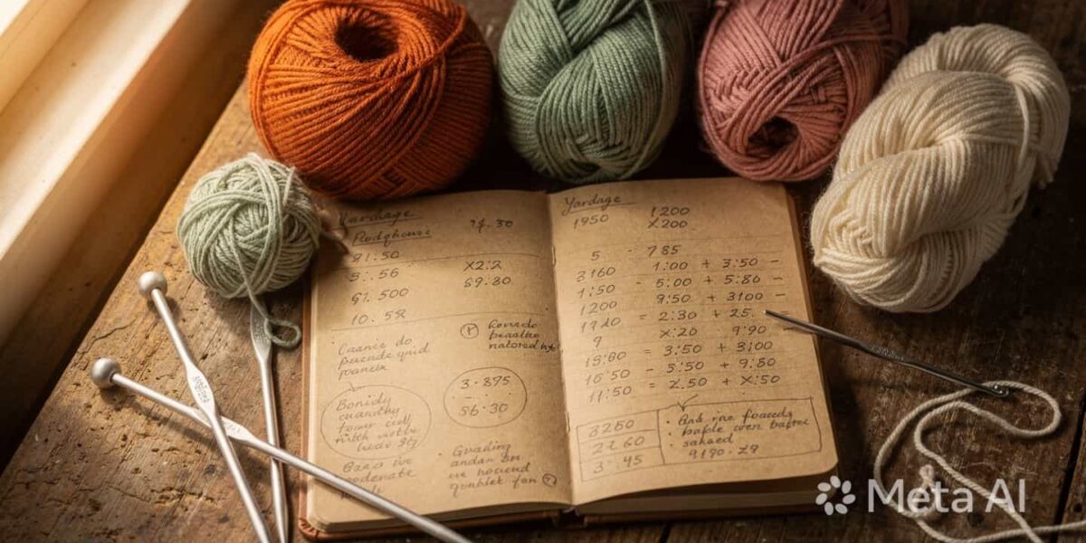 A flat lay of colorful yarn skeins, knitting needles, and a handwritten Yarn Yardage Calculator notebook on a wooden table