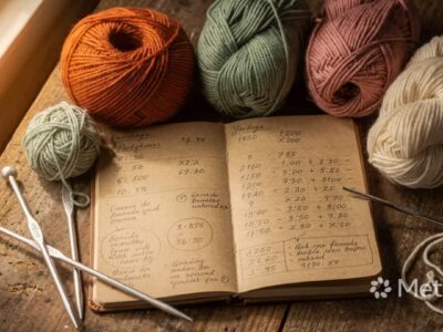 A flat lay of colorful yarn skeins, knitting needles, and a handwritten Yarn Yardage Calculator notebook on a wooden table