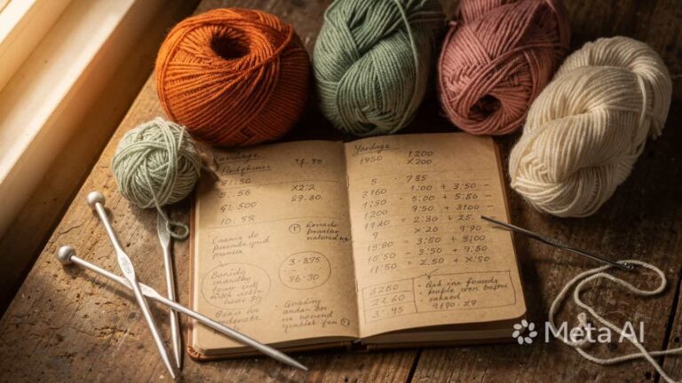 A flat lay of colorful yarn skeins, knitting needles, and a handwritten Yarn Yardage Calculator notebook on a wooden table