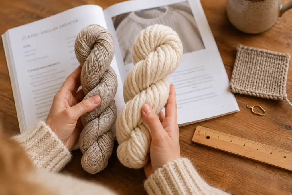 Crafter comparing yarn skeins of different weights next to a knitting pattern to choose the right yarn for their project