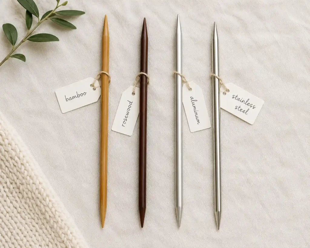 Four double pointed knitting needles in different materials — bamboo, wood, aluminum, and stainless steel