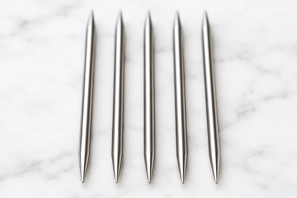 Set of five stainless steel double pointed knitting needles showing pointed tips at both ends