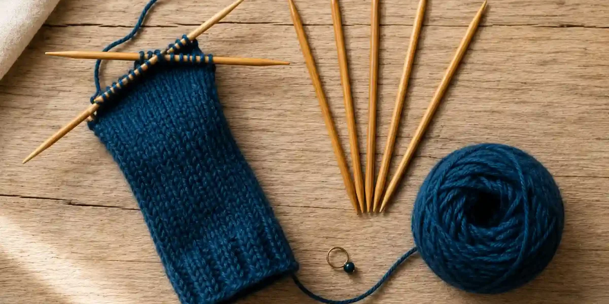 Double pointed knitting needles with a teal wool sock in progress on a wooden surface