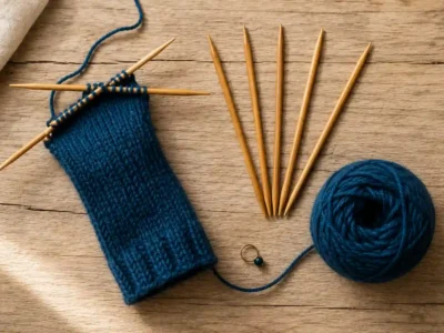 Double pointed knitting needles with a teal wool sock in progress on a wooden surface