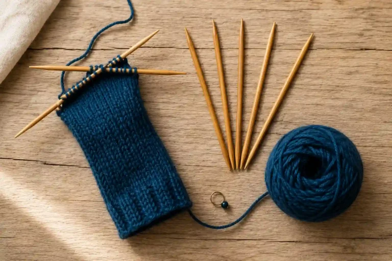 Double pointed knitting needles with a teal wool sock in progress on a wooden surface
