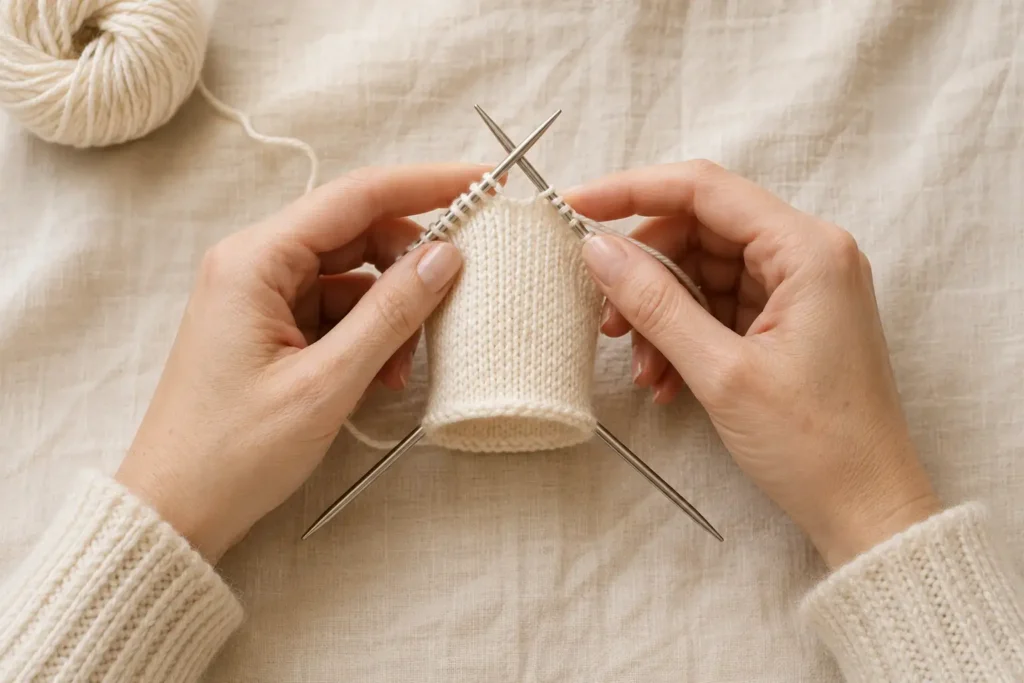 Knitter holding four double pointed knitting needles in triangle formation while knitting in the round