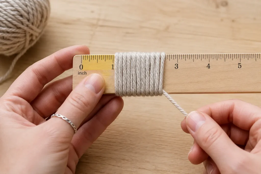 Hand wrapping yarn around a wooden ruler to measure wraps per inch WPI for yarn weight identification