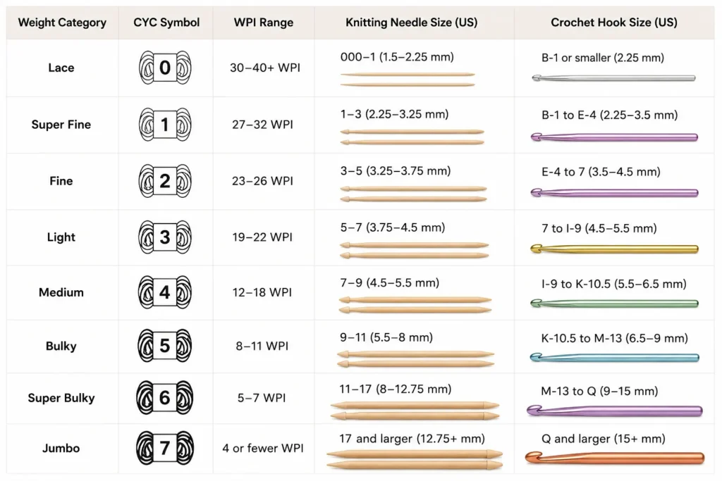 complete yarn weight chart with all details like needle, yarn