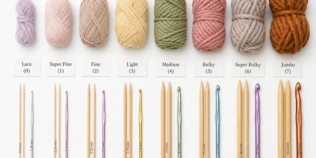 Yarn weight chart showing 8 yarn categories from lace to jumbo arranged side by side on a white background
