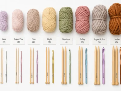 Yarn weight chart showing 8 yarn categories from lace to jumbo arranged side by side on a white background