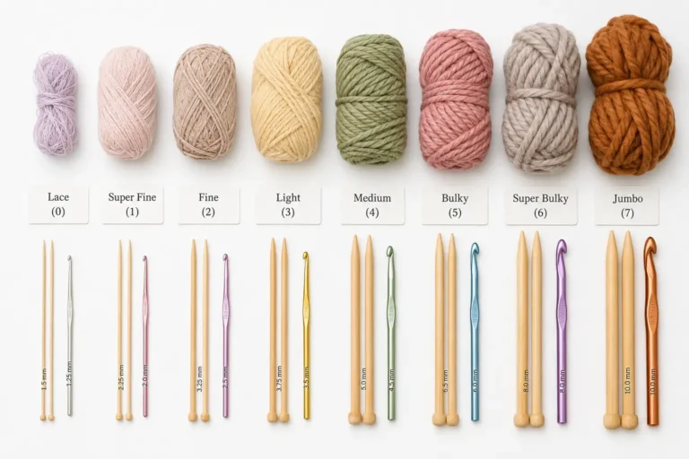Yarn weight chart showing 8 yarn categories from lace to jumbo arranged side by side on a white background