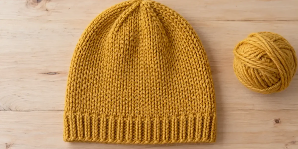 Mustard chunky knitted beanie with a single unfolded ribbed brim and a smoothly shaped crown.