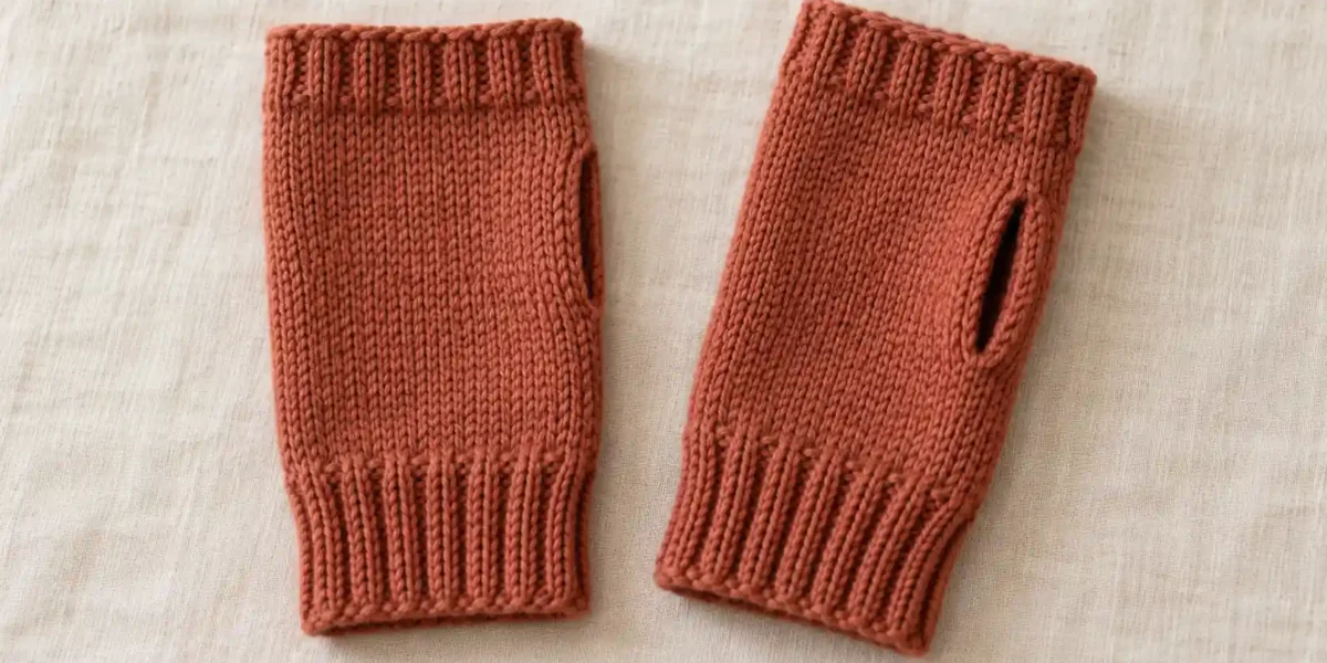 Terracotta fingerless knitted mitts with ribbed cuffs, smooth bodies and simple side thumb openings.