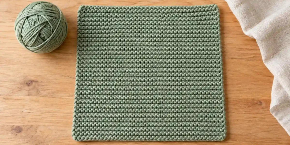 Garter Stitch Dishcloth Pattern: 3 Easy Sizes 1 1 Sage-green cotton garter stitch dishcloth pattern laid flat beside a yarn ball.