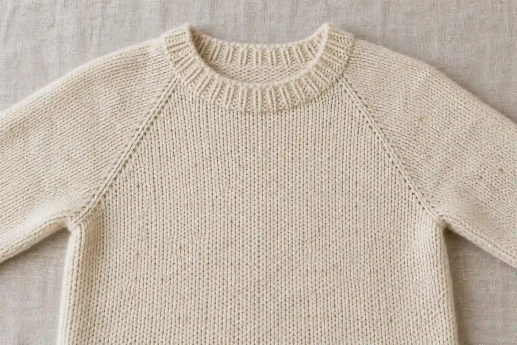 Upper section of a cream knitted pullover showing diagonal raglan lines from the neckline toward the underarms.
