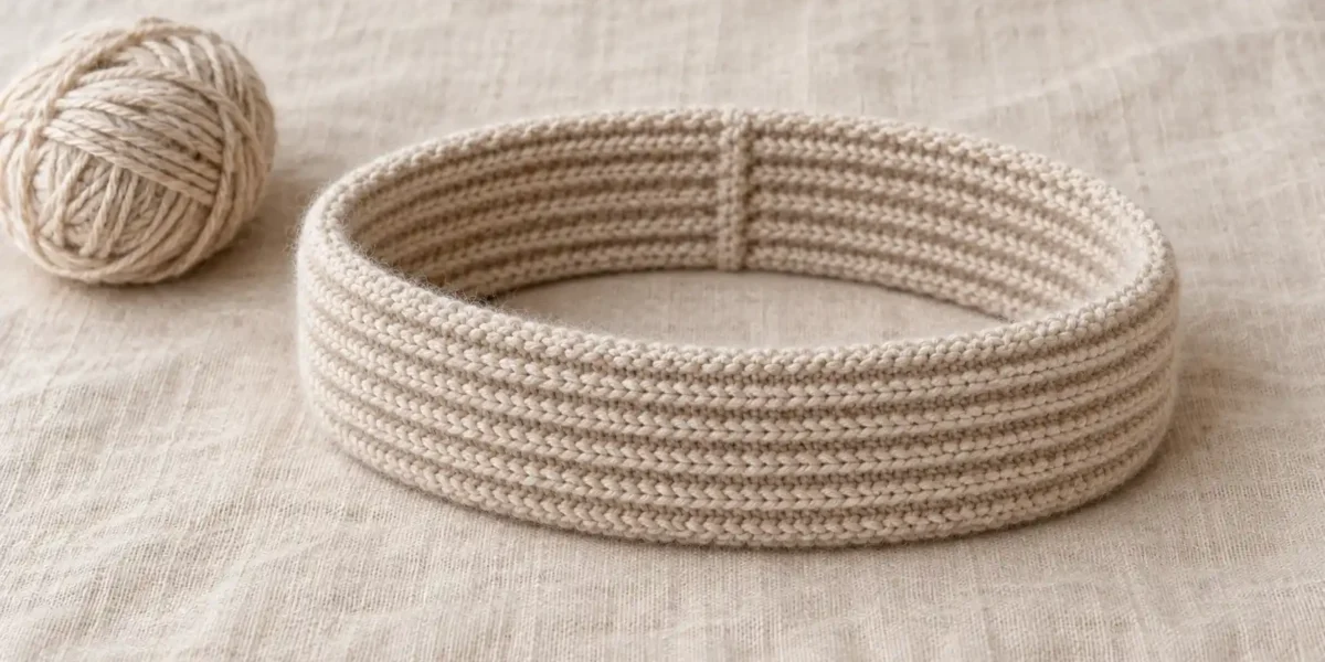 Oatmeal ribbed knitted headband pattern with a plain untwisted shape on a linen surface.
