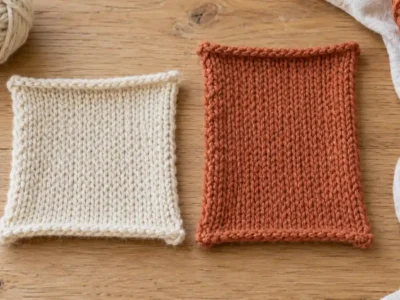 Cream and terracotta knitted swatches of different heights, used as context for a row gauge comparison.