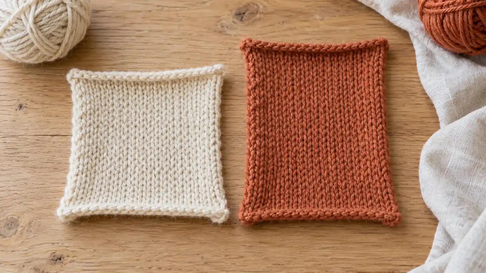 Cream and terracotta knitted swatches of different heights, used as context for a row gauge comparison.