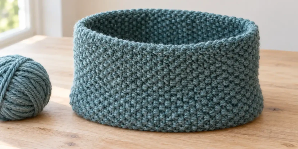 Dusty-teal knitted cowl with an all-over small seed-stitch texture and a simple open loop.