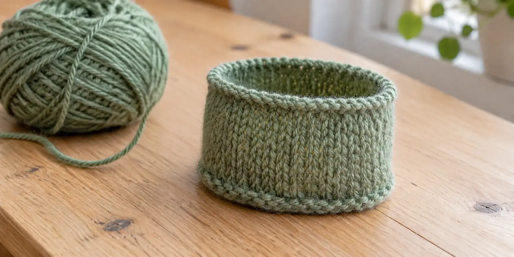 Sage-green stockinette tube used to represent a swatch in the round beside a ball of wool.